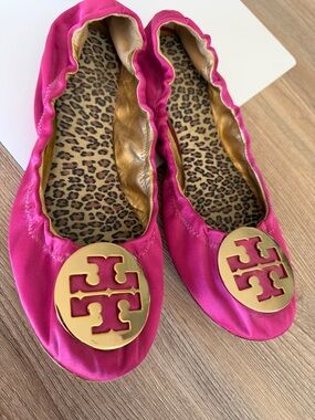 Tory Burch Hot Pink Reva Logo Ballet Flats with Gold Medallions